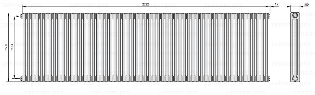 Схема (чертеж) Радиатор Zehnder Charleston 3150/57 №1270 Белый глянцевый RAL 9016